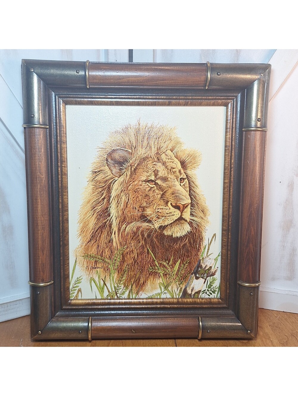 Lion Oil Painting on 8x10 Canvas Signed C. Carson COA 11.5X13.5 Wood/Brass Frame
